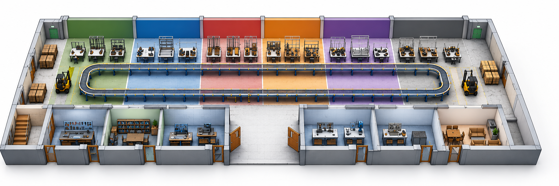 Unbranded three dimensional concept of an assembly hall with a central loop conveyor and surrounding workstations