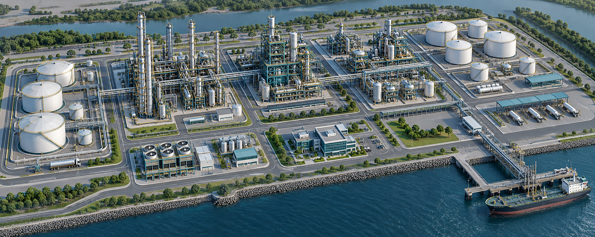 Isometric 3D concept of an oil refinery with storage tanks, processing towers, utilities, control building and loading areas